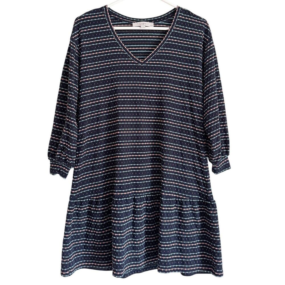 Loft Mini Dress Stripe Swiss Dot Long Sleeve Casual V Neck Navy Blue